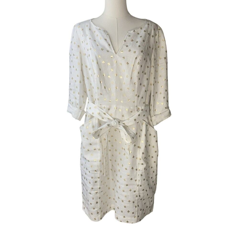 Boden Kelsey Linen DRESS WHITE AND GOLD W0489 Sz 10R
